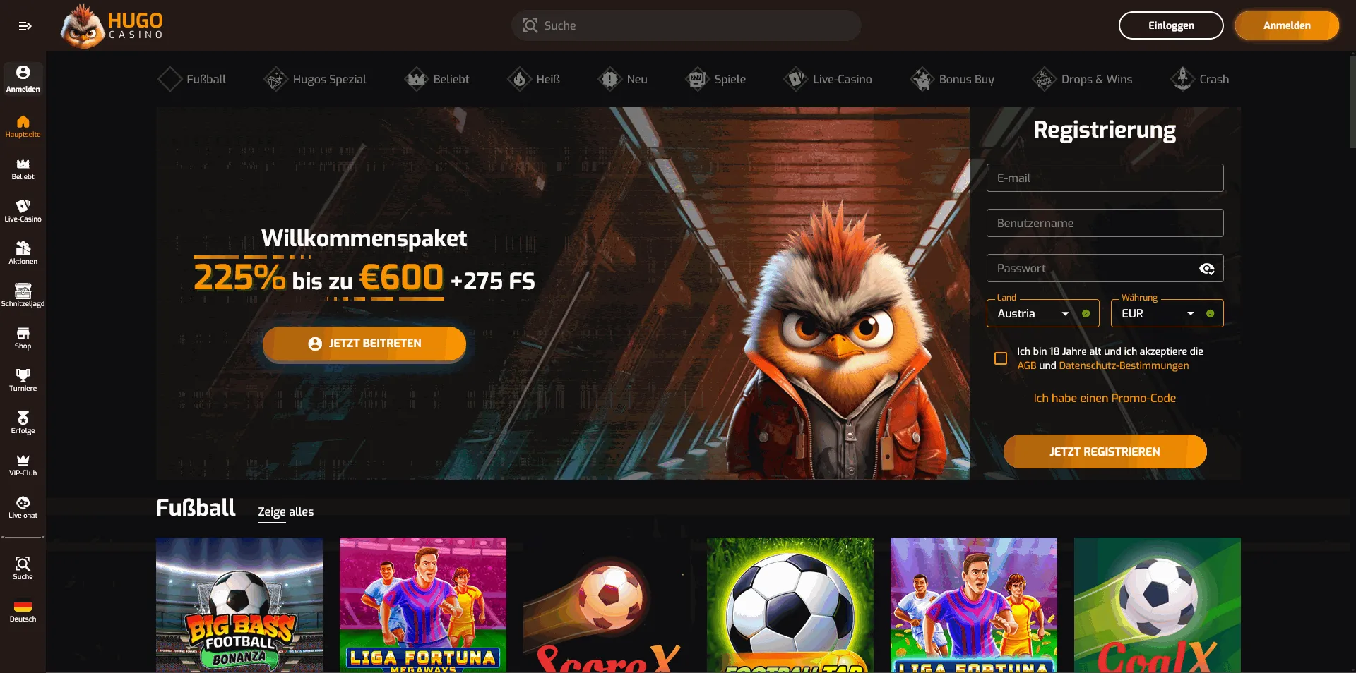 Hugo online casino homepage