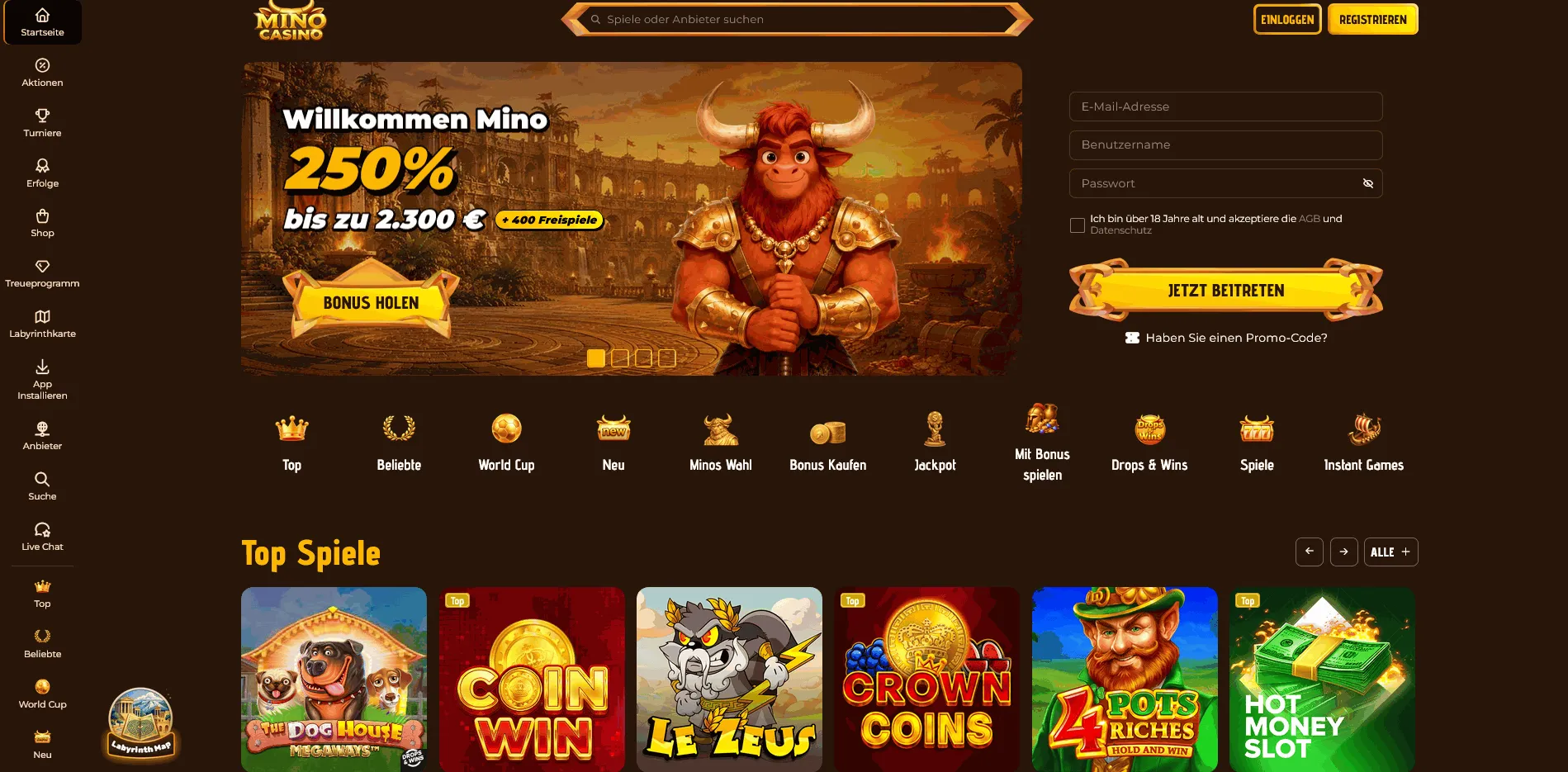 Mino online casino homepage