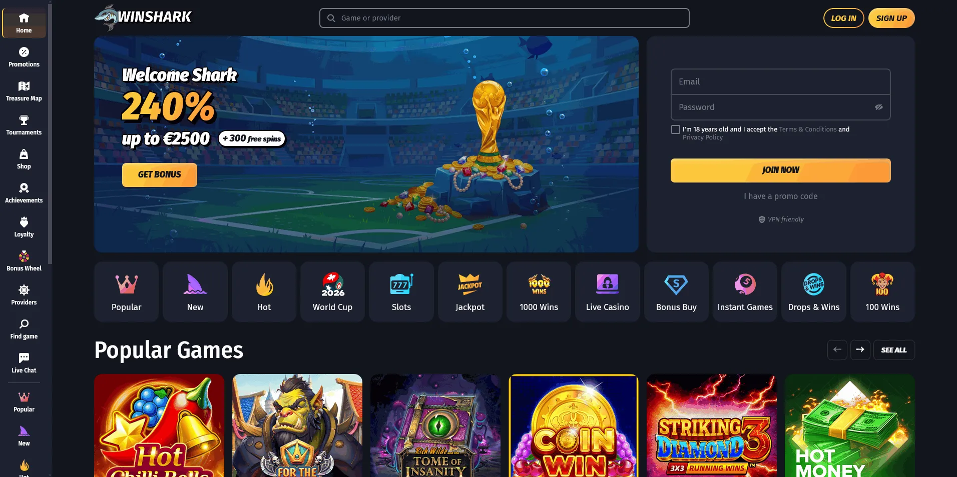 Winshark EU online casino homepage